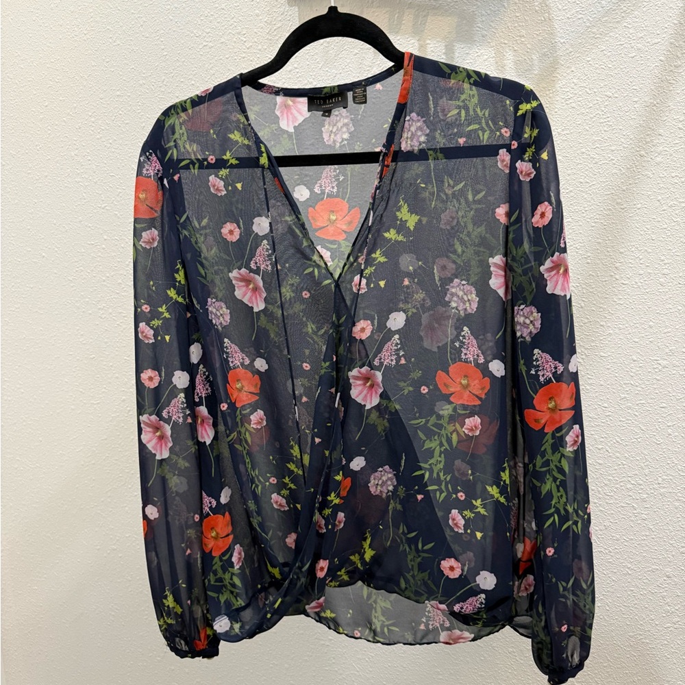 Ted Baker Navy, orange & lavender US sz 10-12 Floral Sheer Blouse